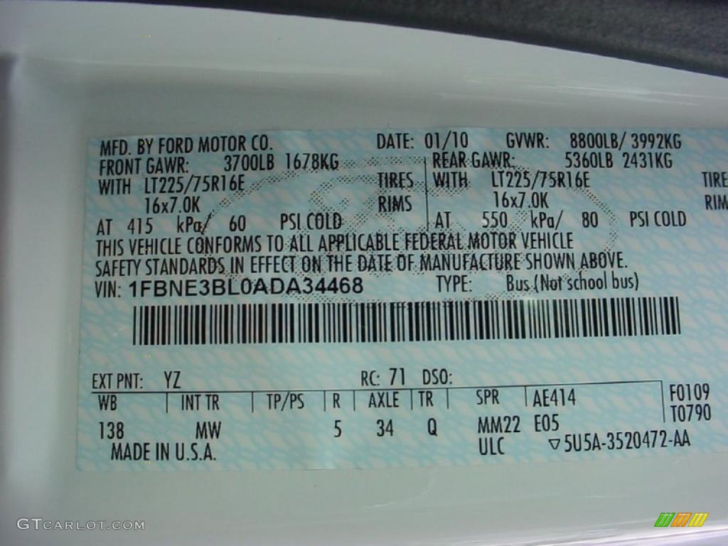 2010 E Series Van Color Code YZ for Oxford White Photo #39143386