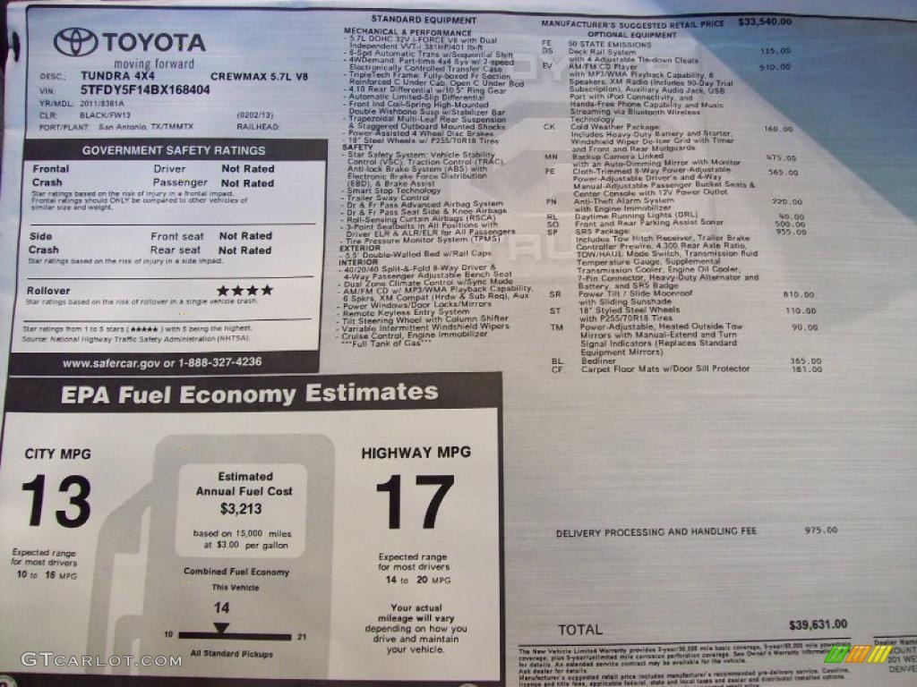2011 Toyota Tundra SR5 CrewMax 4x4 Window Sticker Photo #39163918
