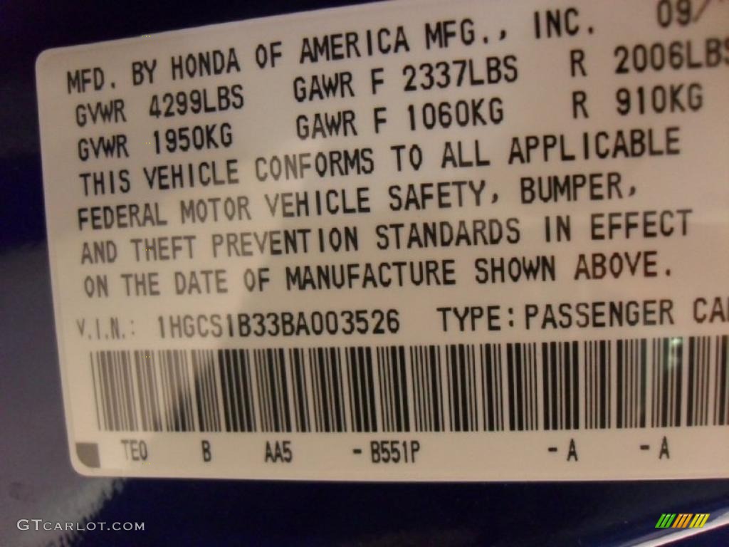 2011 Accord Color Code B551P for Belize Blue Pearl Photo #39170874