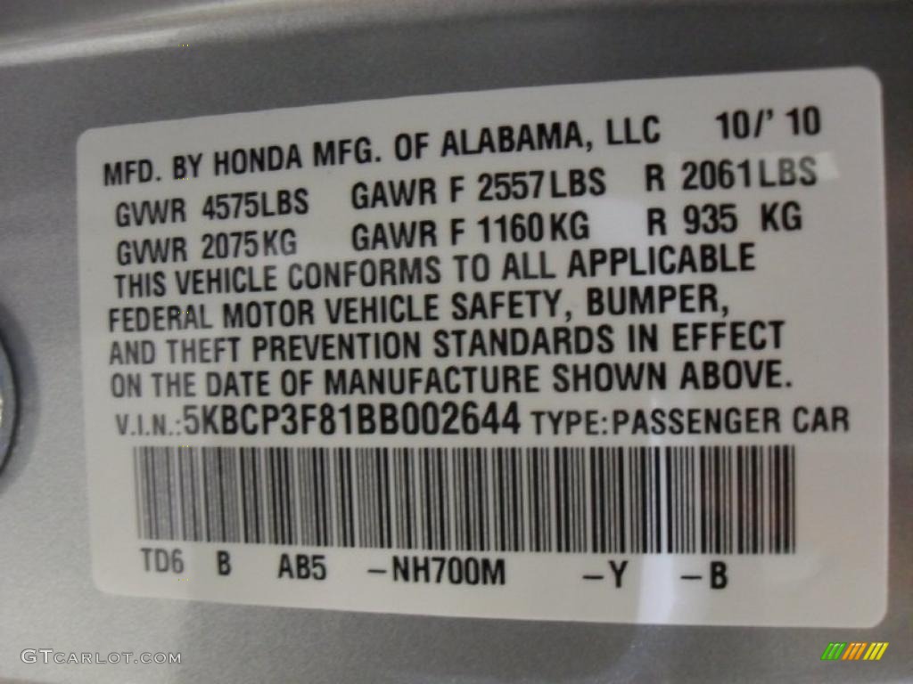 2011 Accord Color Code NH700M for Alabaster Silver Metallic Photo #39172354