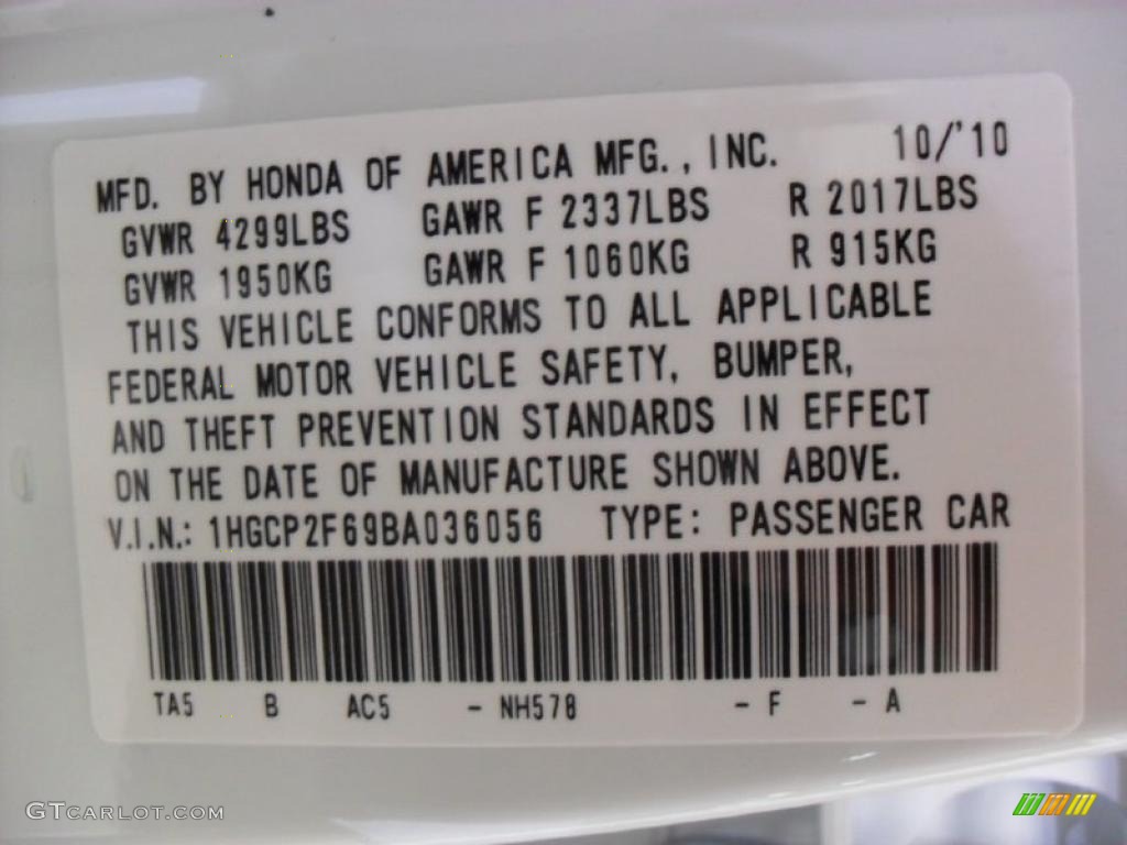 2011 Accord Color Code NH578 for Taffeta White Photo #39174298