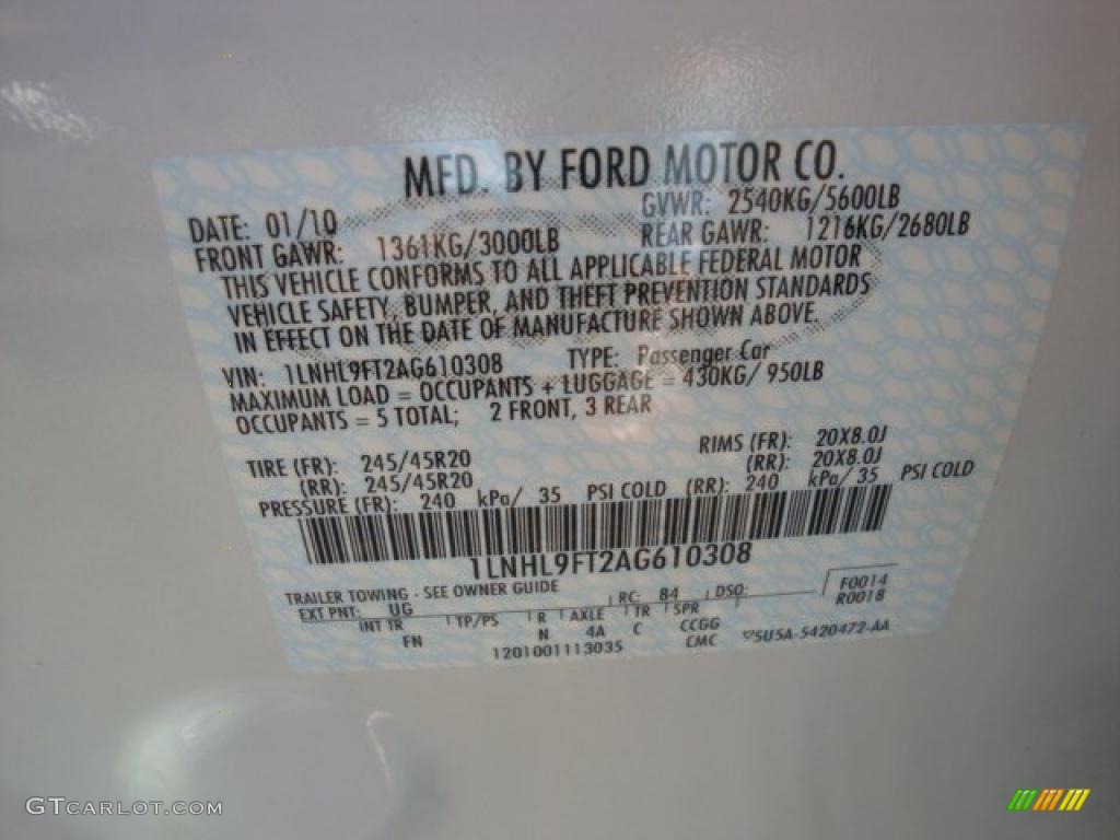 2010 MKS Color Code UG for White Platinum Metallic Tri-Coat Photo #39207258
