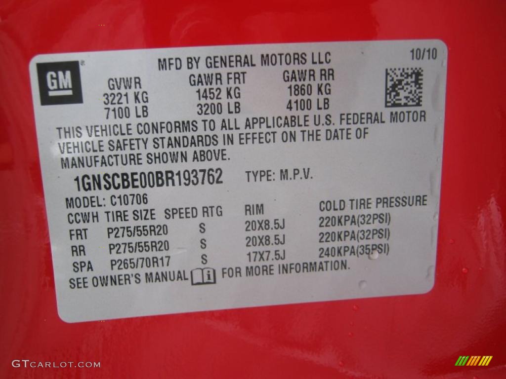 2011 Chevrolet Tahoe LT Info Tag Photo #39212282