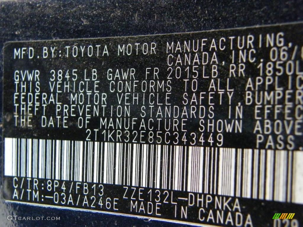 2005 Toyota Matrix Standard Matrix Model Info Tag Photos