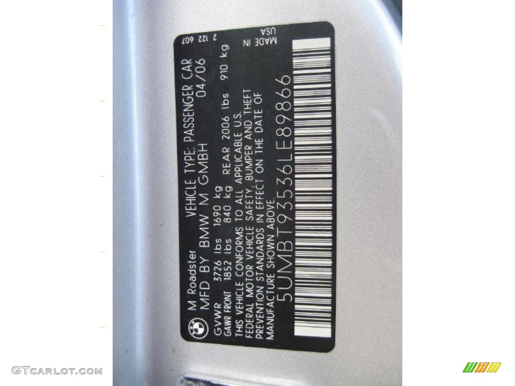 2006 BMW M Roadster Info Tag Photos