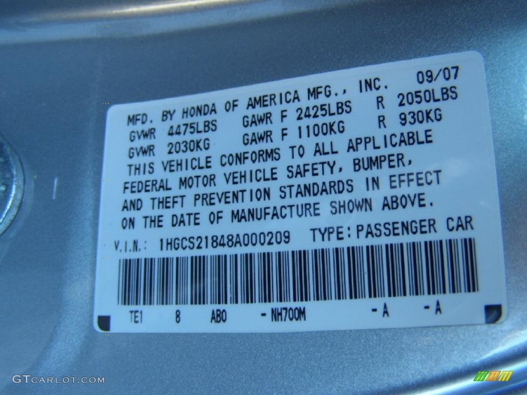 2008 Accord Color Code NH700M for Alabaster Silver Metallic Photo #39251576