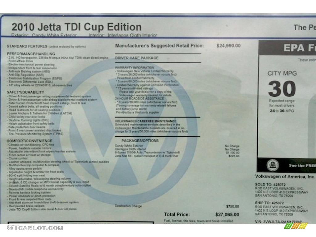 2010 Volkswagen Jetta TDI Cup Street Edition Window Sticker Photo #39255867