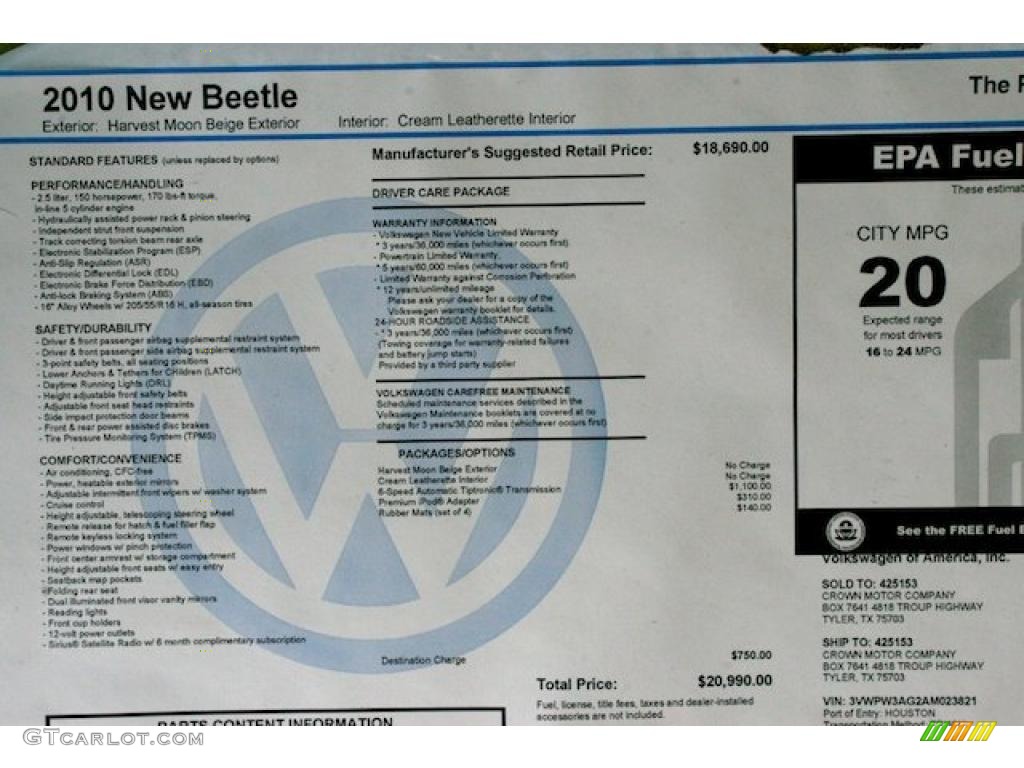 2010 Volkswagen New Beetle 2.5 Coupe Window Sticker Photo #39256283