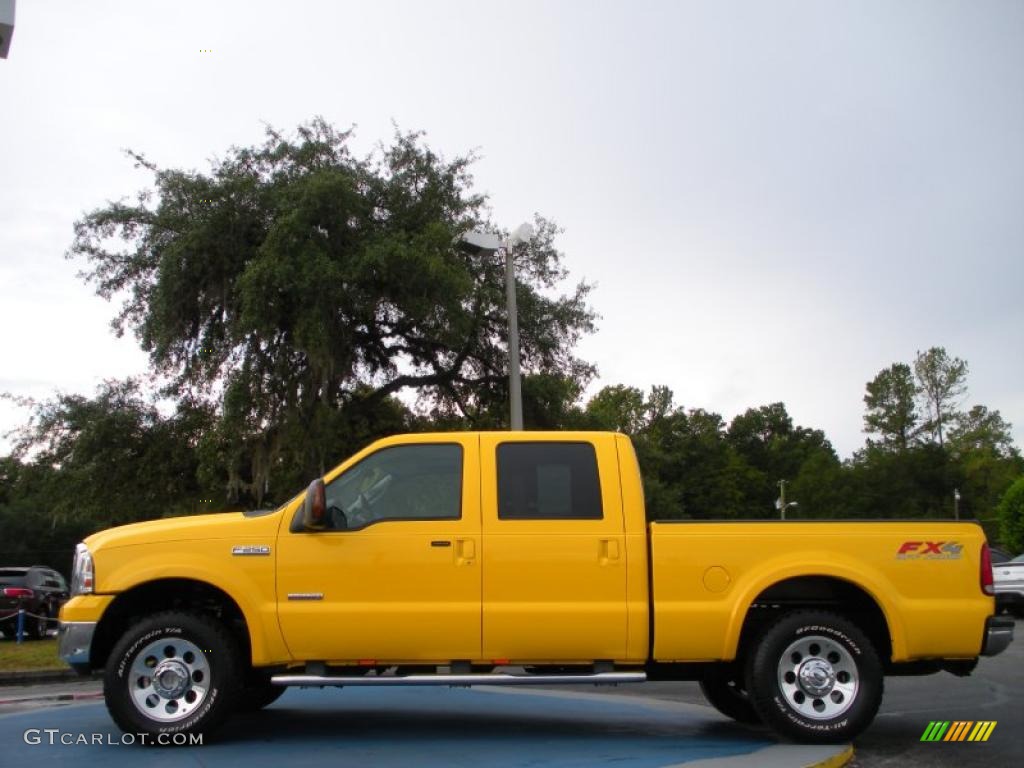 Screaming Yellow 2005 Ford F250 Super Duty FX4 Crew Cab 4x4 Exterior Photo #39275367