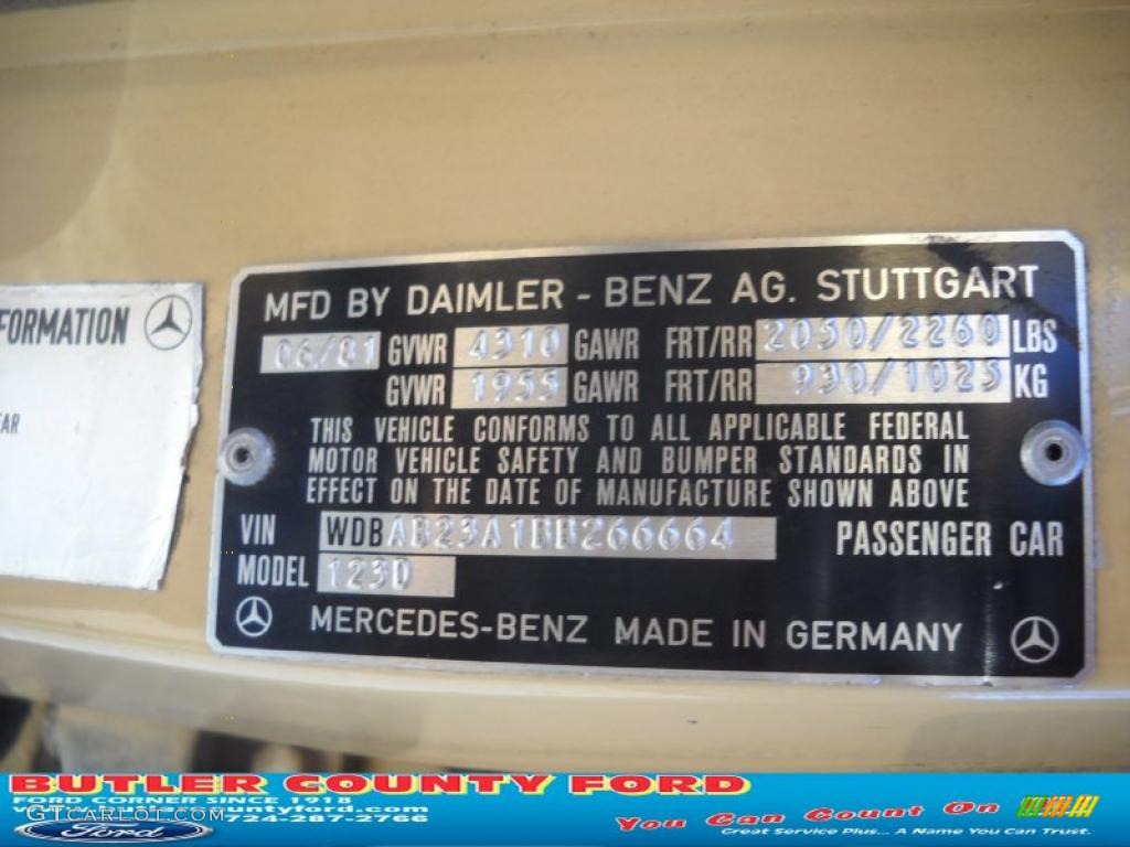 1981 Mercedes-Benz E Class 240 D Sedan Info Tag Photos