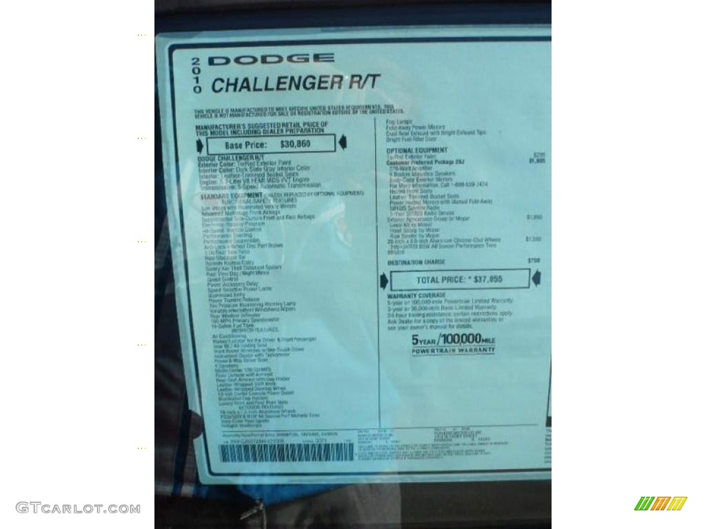 2010 Dodge Challenger R/T Window Sticker Photos