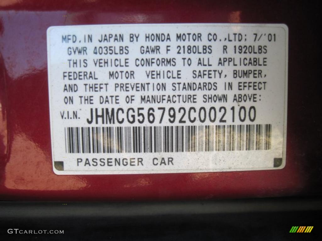2002 Honda Accord SE Sedan Info Tag Photo #39303741