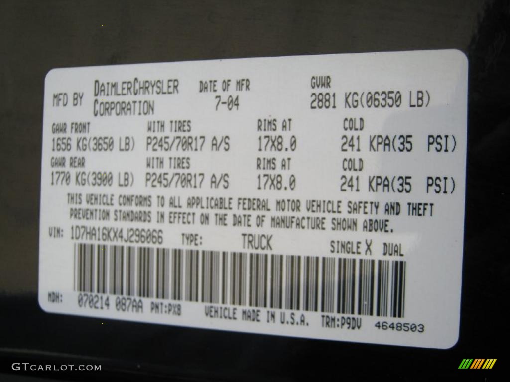 2004 Ram 1500 Color Code PX8 for Black Photo #39310445