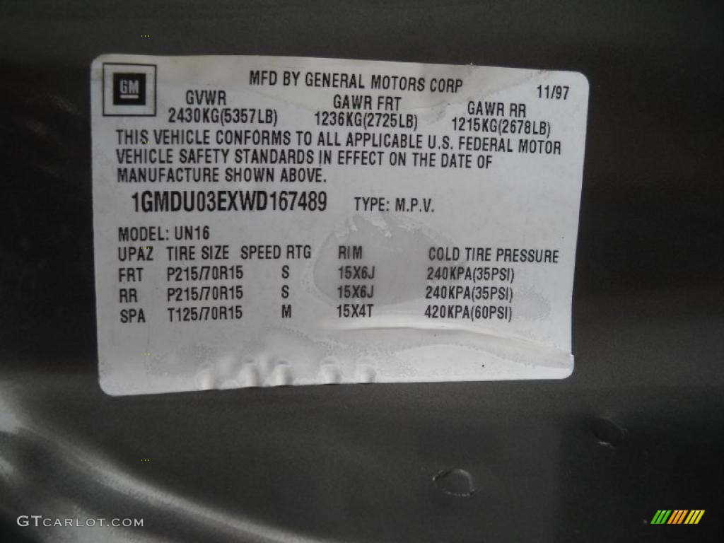 1998 Pontiac Trans Sport Standard Trans Sport Model Info Tag Photos