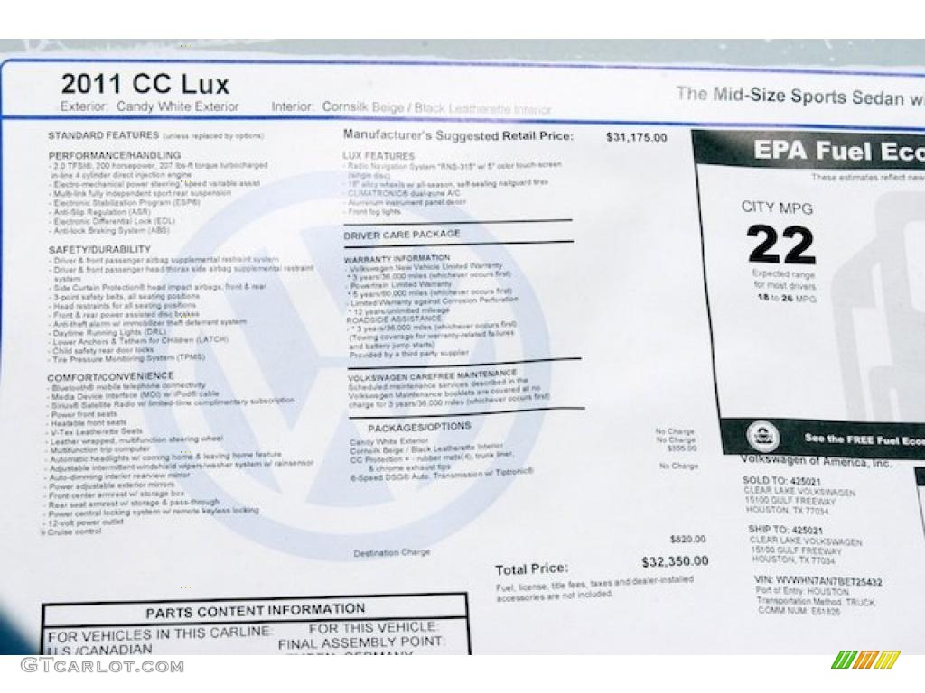 2011 Volkswagen CC Lux Window Sticker Photo #39322269