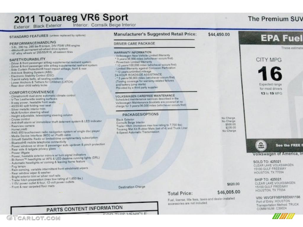 2011 Volkswagen Touareg VR6 FSI Sport 4XMotion Window Sticker Photo #39322769
