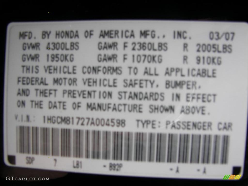 2007 Honda Accord EX V6 Coupe Color Code Photos