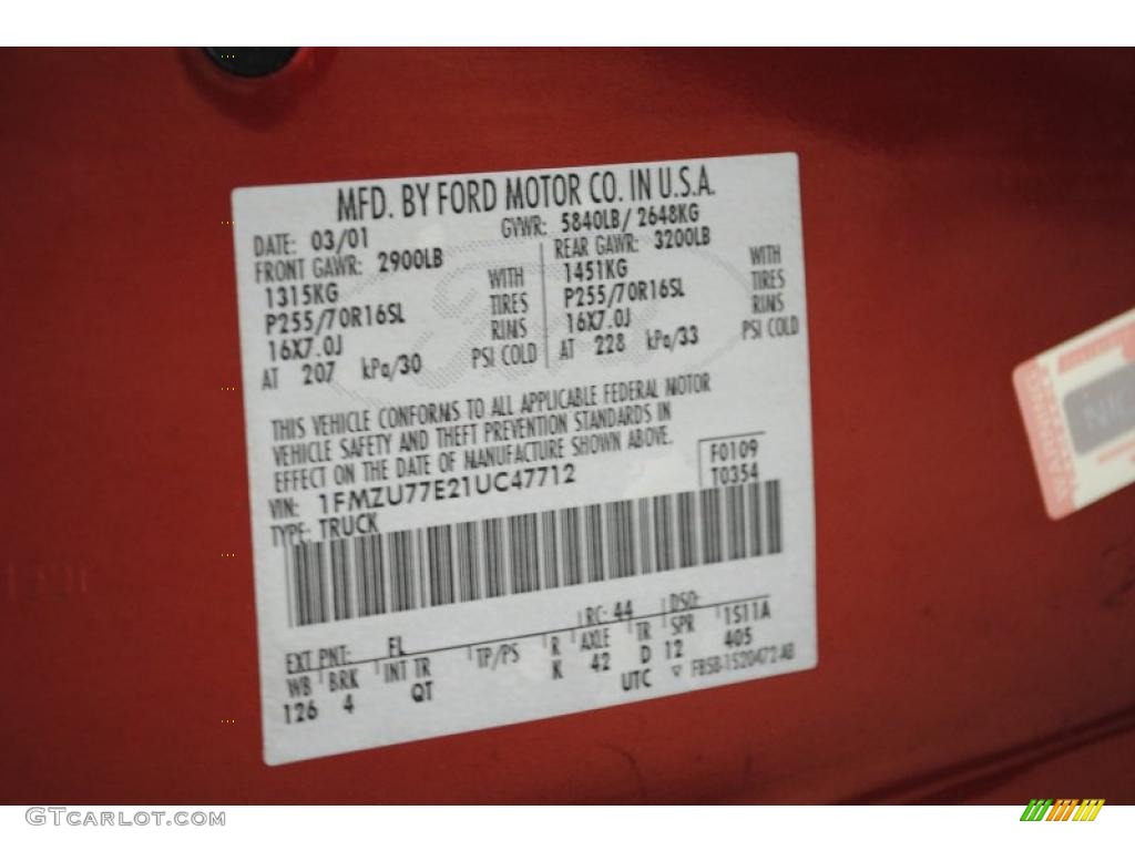 2001 Explorer Sport Trac Color Code FL for Toreador Red Metallic Photo #39364364