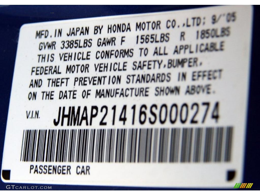 2006 Honda S2000 Roadster Info Tag Photo #39372366