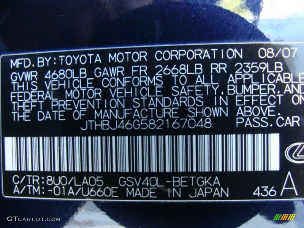 2008 ES Color Code 8U0 for Black Sapphire Pearl Photo #39380152
