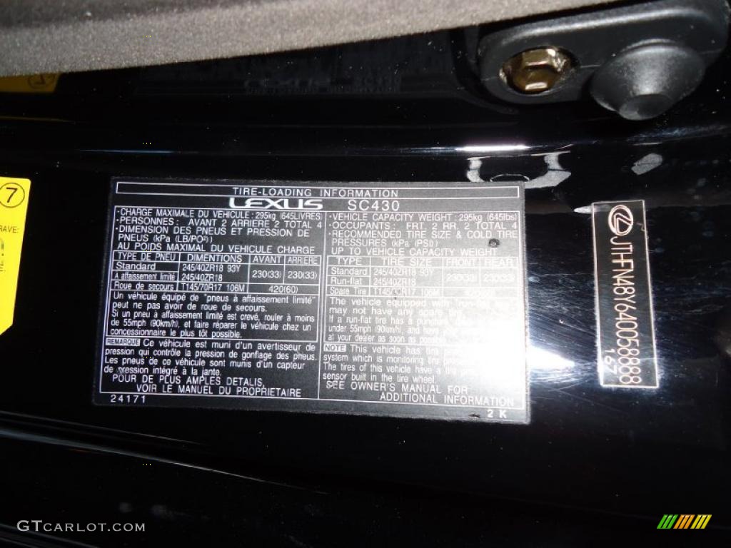 2004 Lexus SC 430 Info Tag Photo #39382589