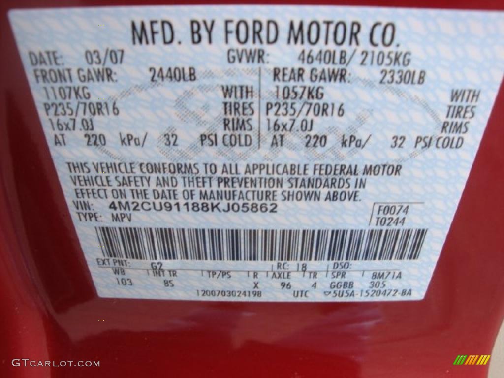 2008 Mariner Color Code G2 for Vivid Red Metallic Photo #39397153
