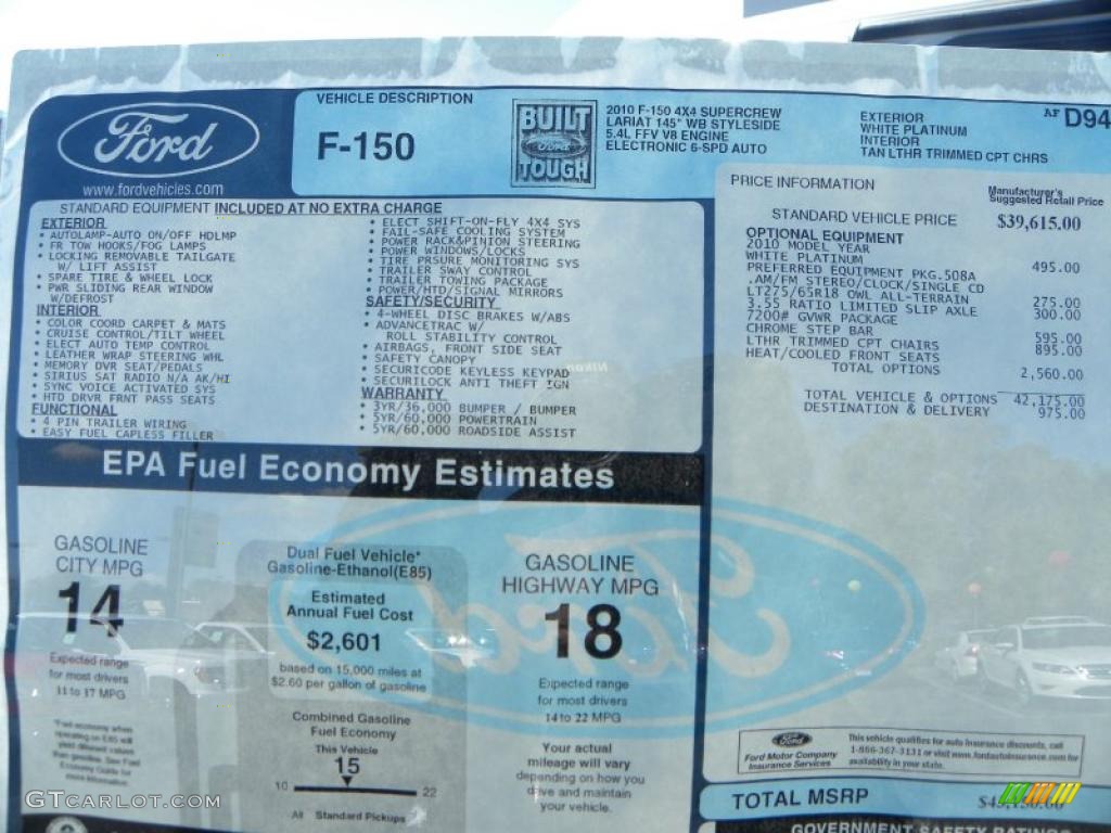 2010 Ford F150 Lariat SuperCrew 4x4 Window Sticker Photo #39398761