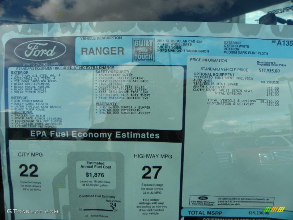 2011 Ford Ranger XL Regular Cab Window Sticker Photo #39400281
