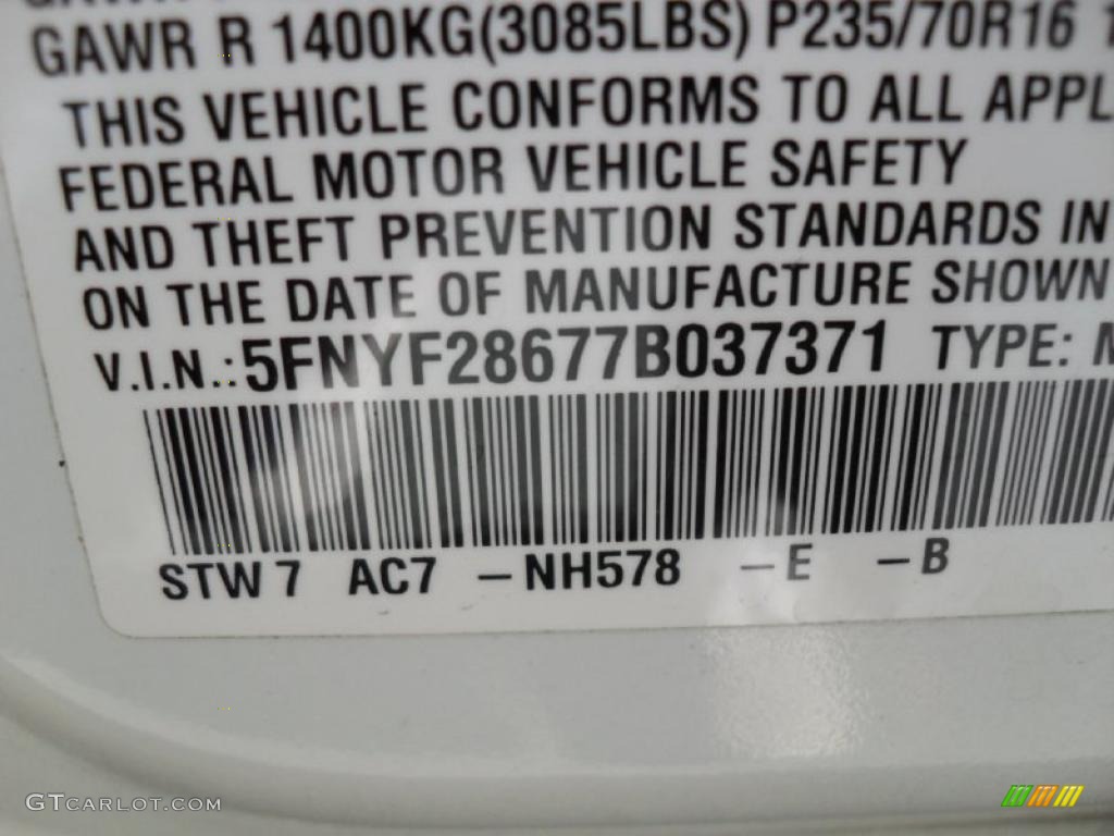 2007 Pilot Color Code NH578 for Taffeta White Photo #39403481