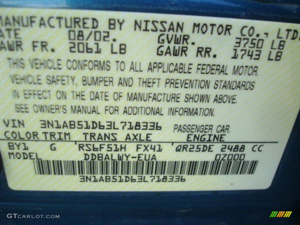 2003 Sentra Color Code BY1 for Vibrant Blue Metallic Photo #39410413