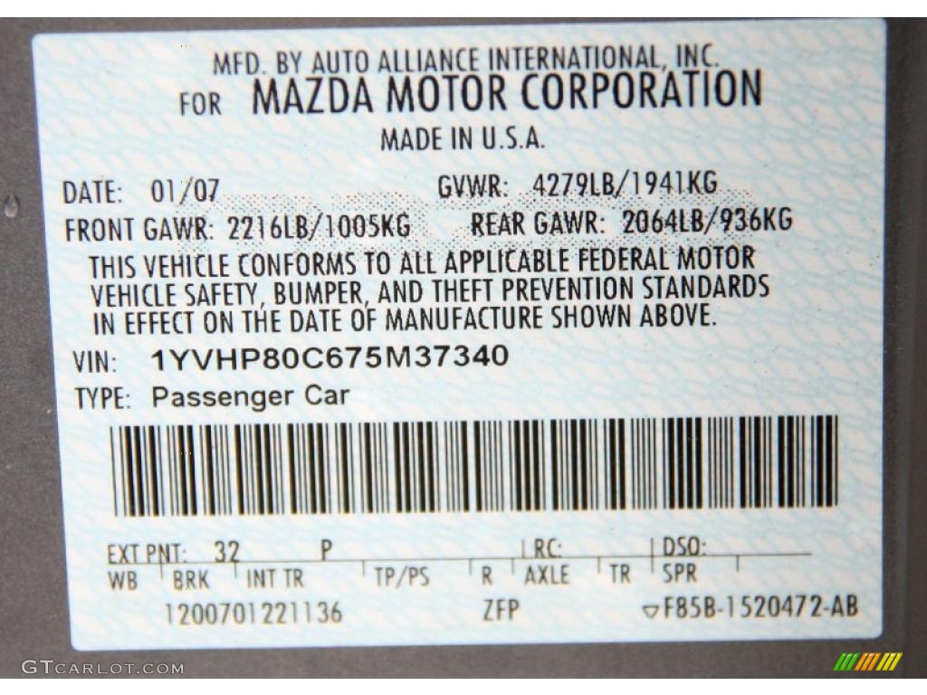 2007 MAZDA6 Color Code 32P for Tungsten Gray Metallic Photo #39428834
