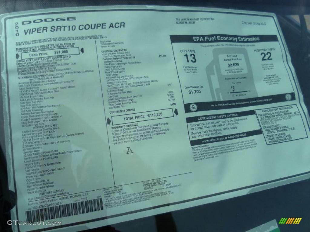 2010 Dodge Viper ACR Roanoke Dodge Edition Coupe Window Sticker Photo #39440586