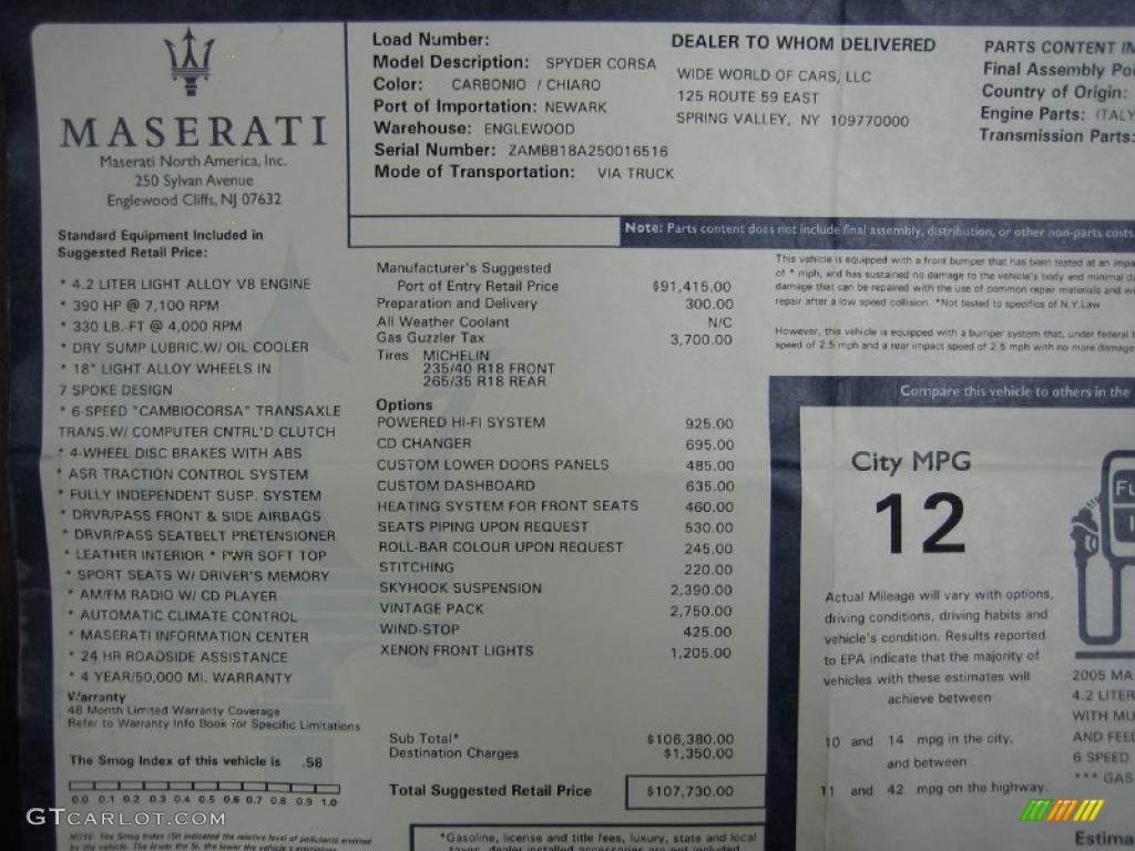 2005 Maserati Spyder Cambiocorsa Window Sticker Photo #39449794