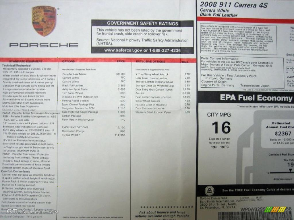 2008 Porsche 911 Carrera 4S Coupe Window Sticker Photo #39453914