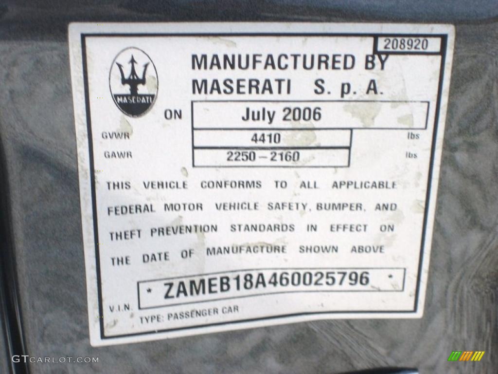 2006 Maserati GranSport Spyder Info Tag Photo #39455708