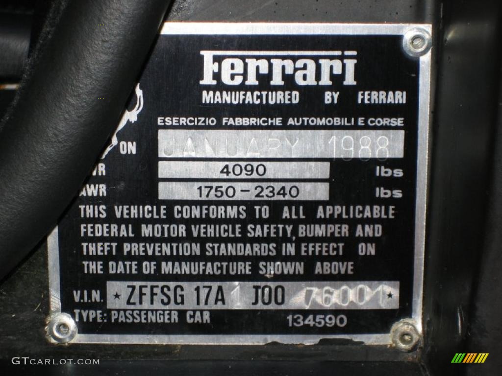 1988 Ferrari Testarossa Standard Testarossa Model Info Tag Photo #39460318