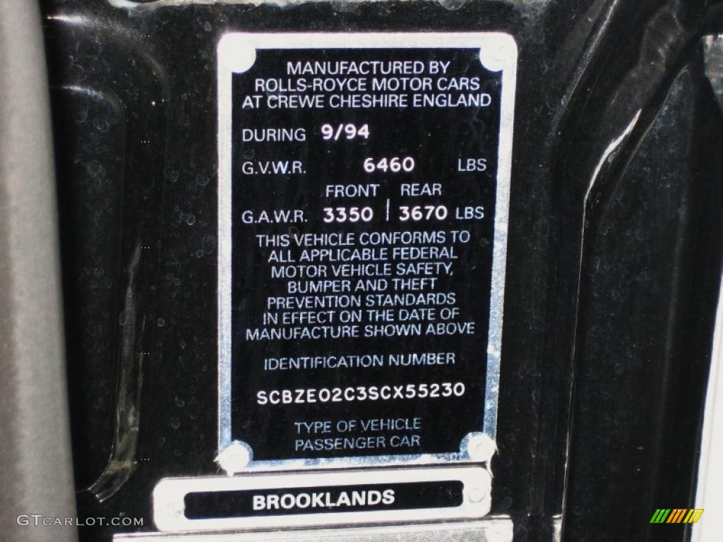 1995 Bentley Brooklands Sedan Info Tag Photo #39462754