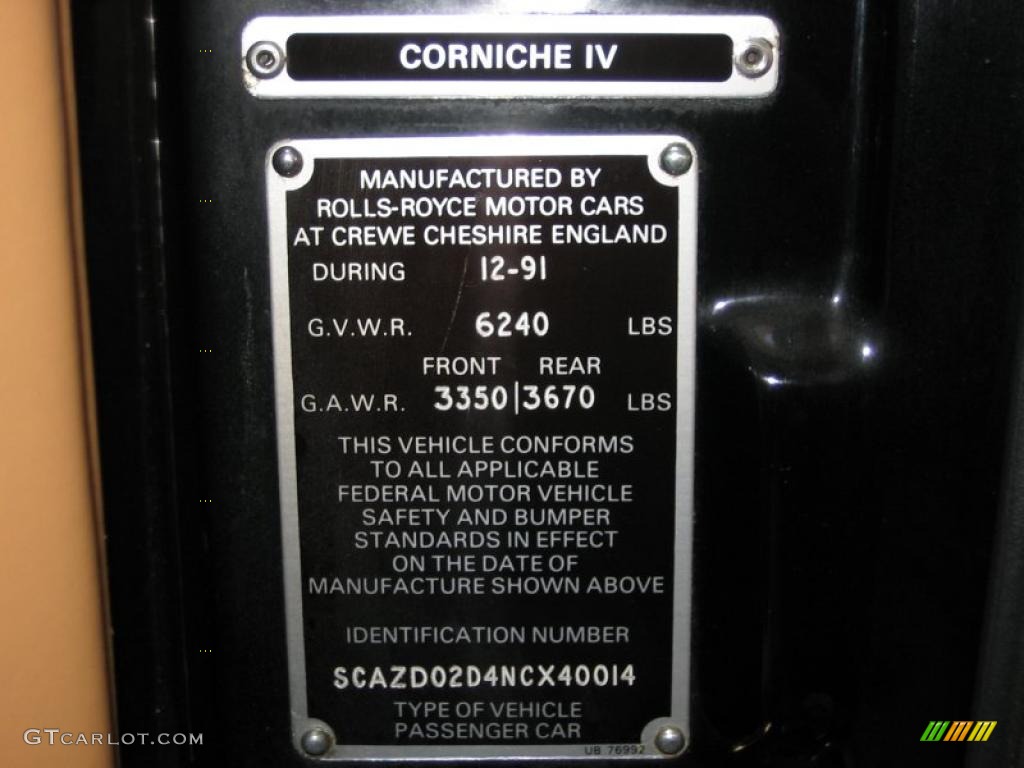 1992 Rolls-Royce Corniche IV Standard Corniche IV Model Info Tag Photos