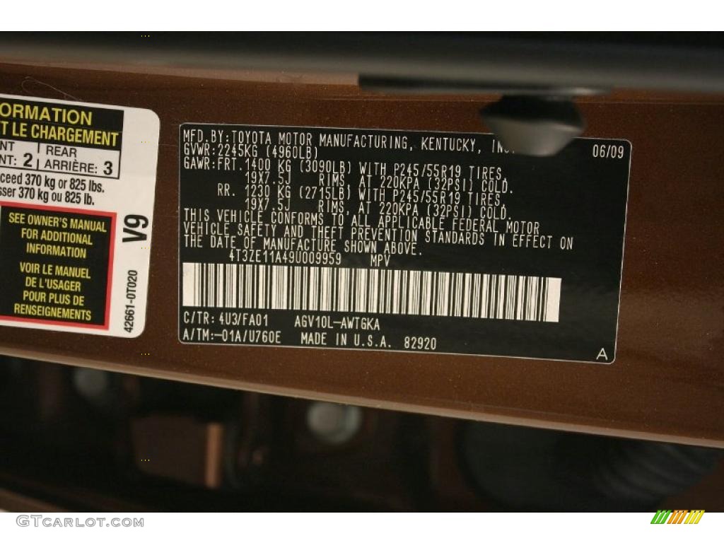 2009 Venza Color Code 4U3 for Sunset Bronze Mica Photo #39519064