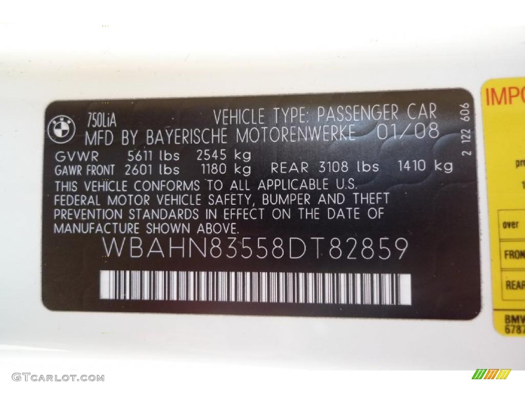 2008 BMW 7 Series 750Li Sedan Info Tag Photo #39526633