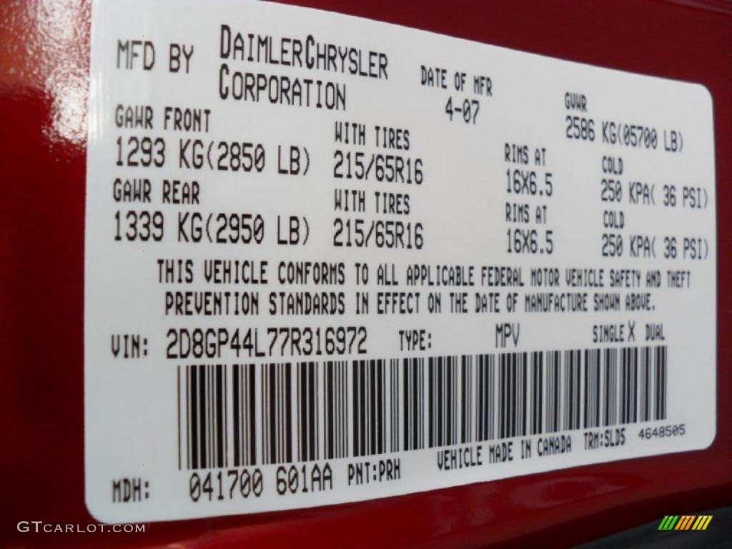 2007 Grand Caravan Color Code PRH for Inferno Red Crystal Pearl Photo #39533881