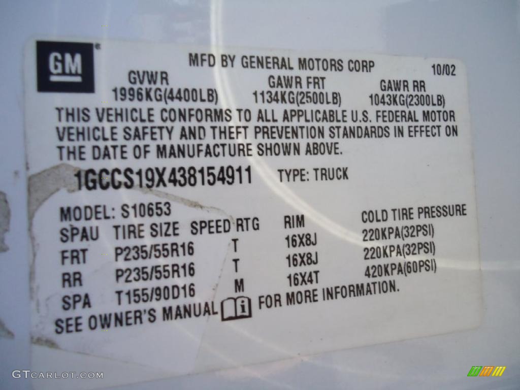 2003 Chevrolet S10 LS Extended Cab Info Tag Photo #39551846