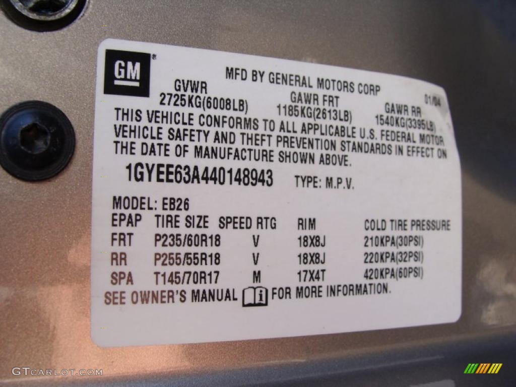 2004 Cadillac SRX V8 Info Tag Photos
