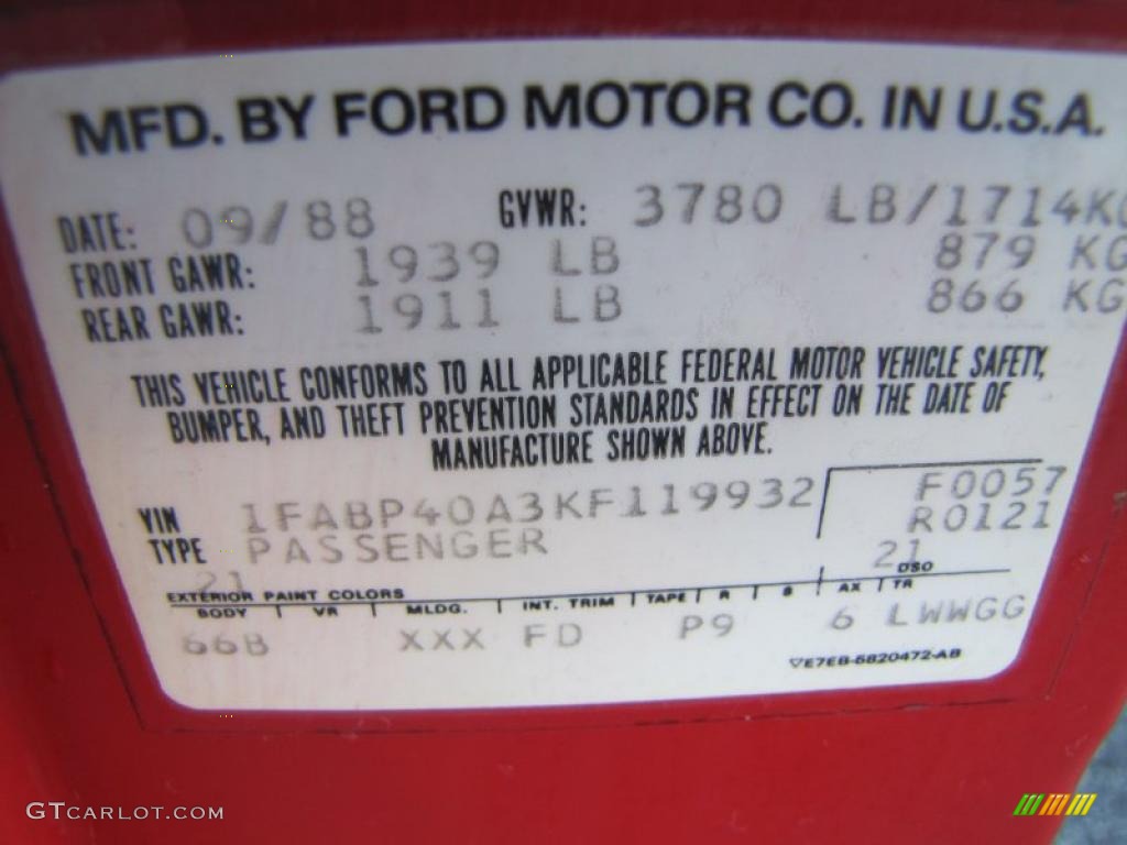 1989 Mustang Color Code 21 for Bright Red Photo #39676423