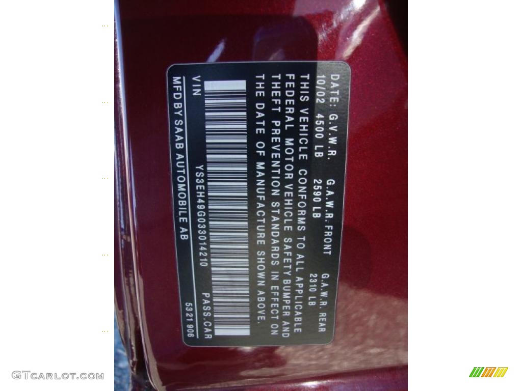 2003 Saab 9-5 Aero Sedan Info Tag Photos