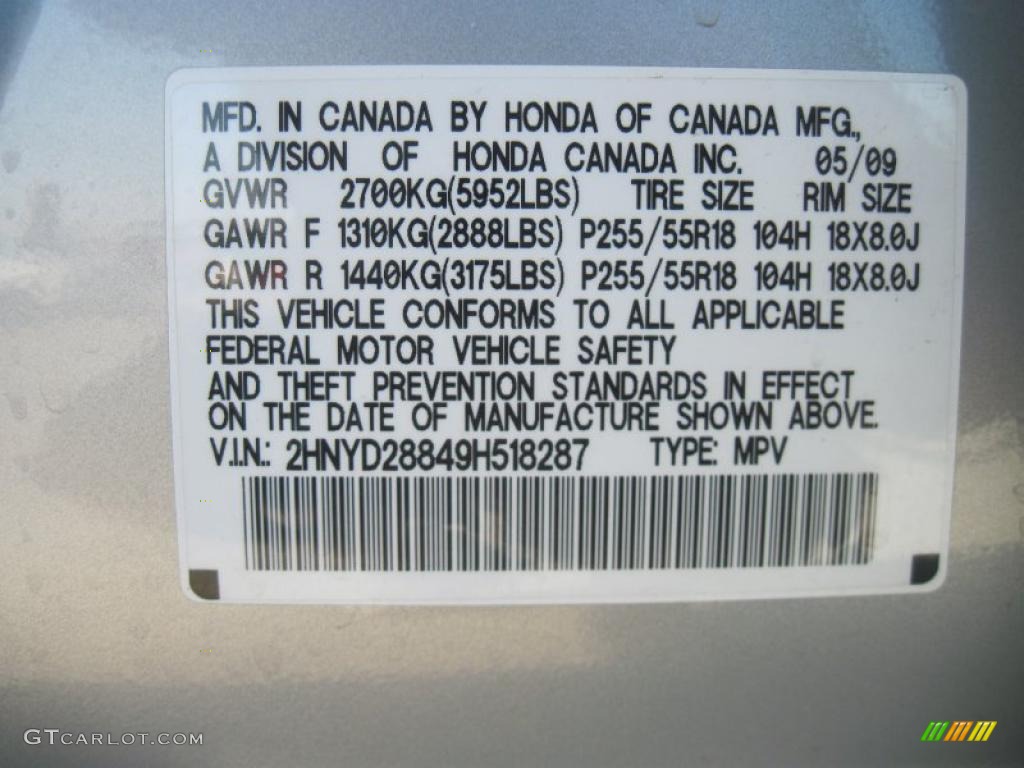 2009 Acura MDX Standard MDX Model Info Tag Photo #39691551