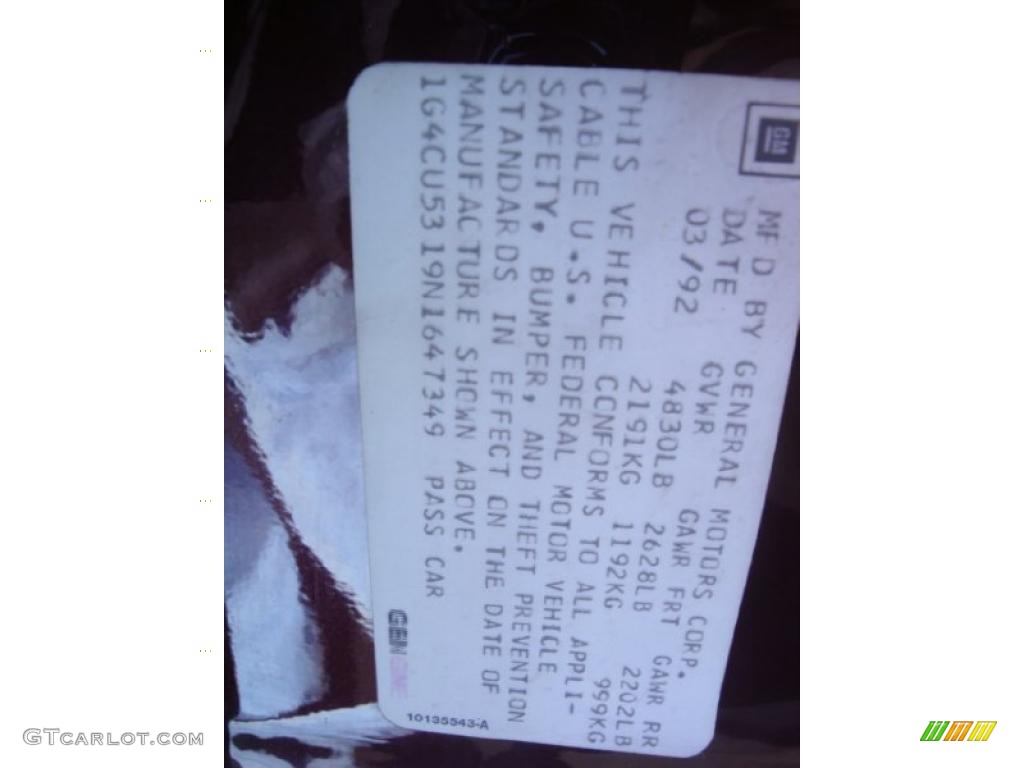 1992 Buick Park Avenue Ultra Supercharged Info Tag Photo #39707151