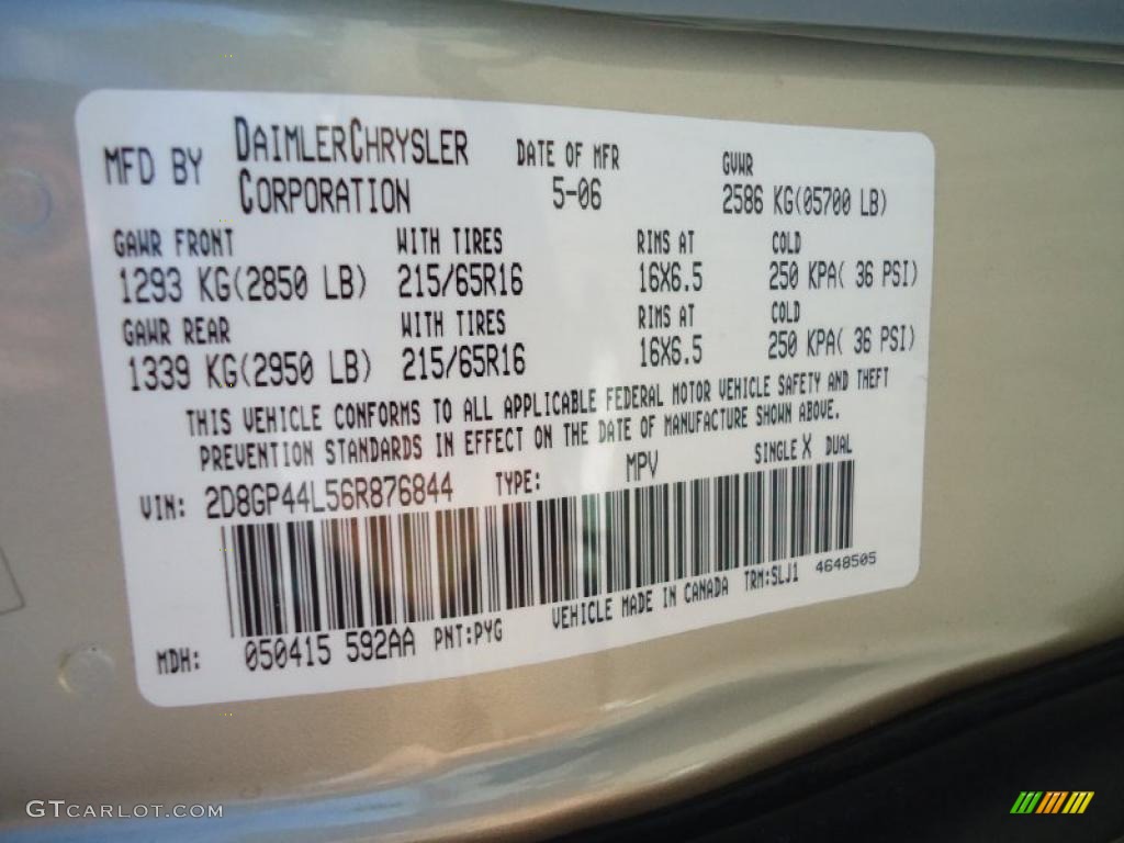 2006 Grand Caravan Color Code PYG for Linen Gold Metallic Photo #39709095
