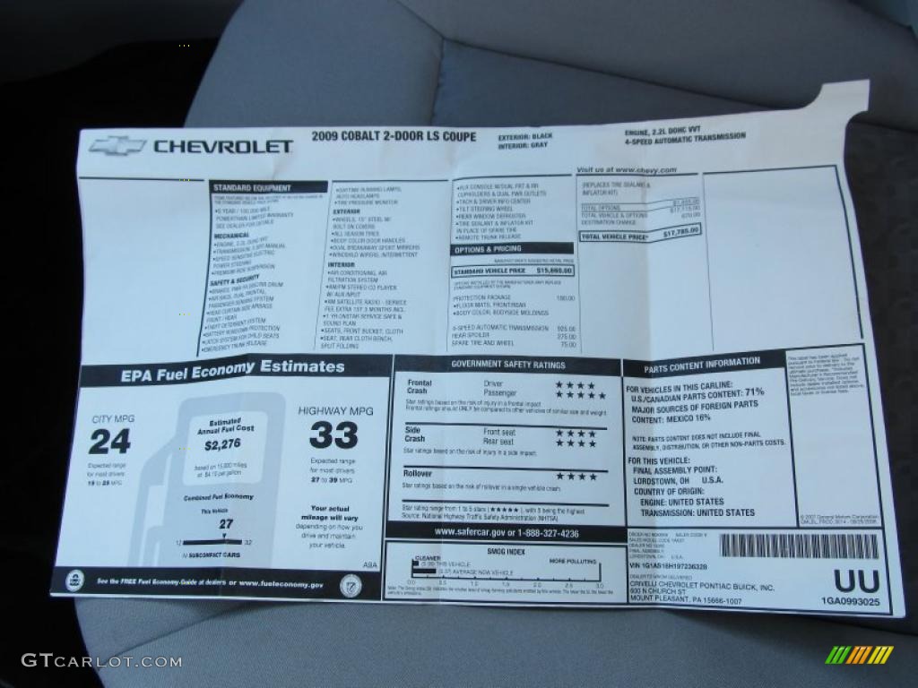 2009 Chevrolet Cobalt LS Coupe Window Sticker Photo #39799498
