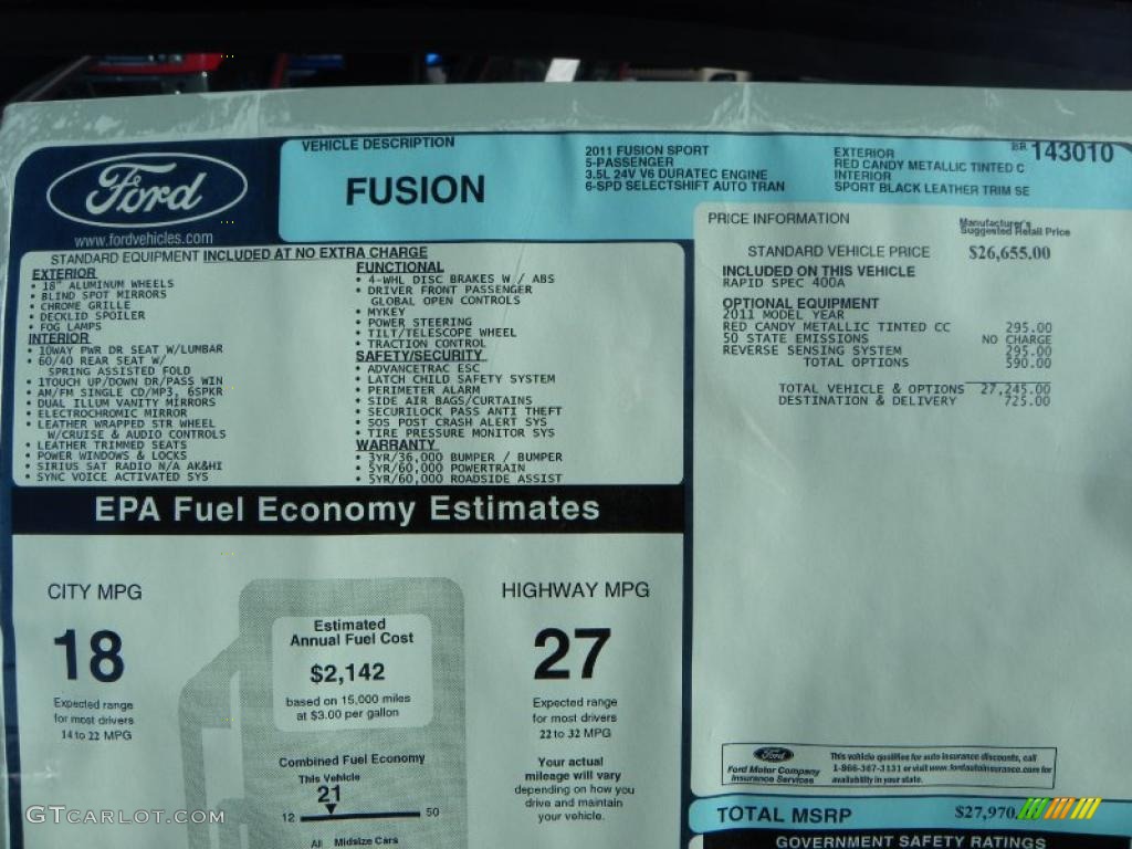 2011 Ford Fusion Sport Window Sticker Photo #39842043